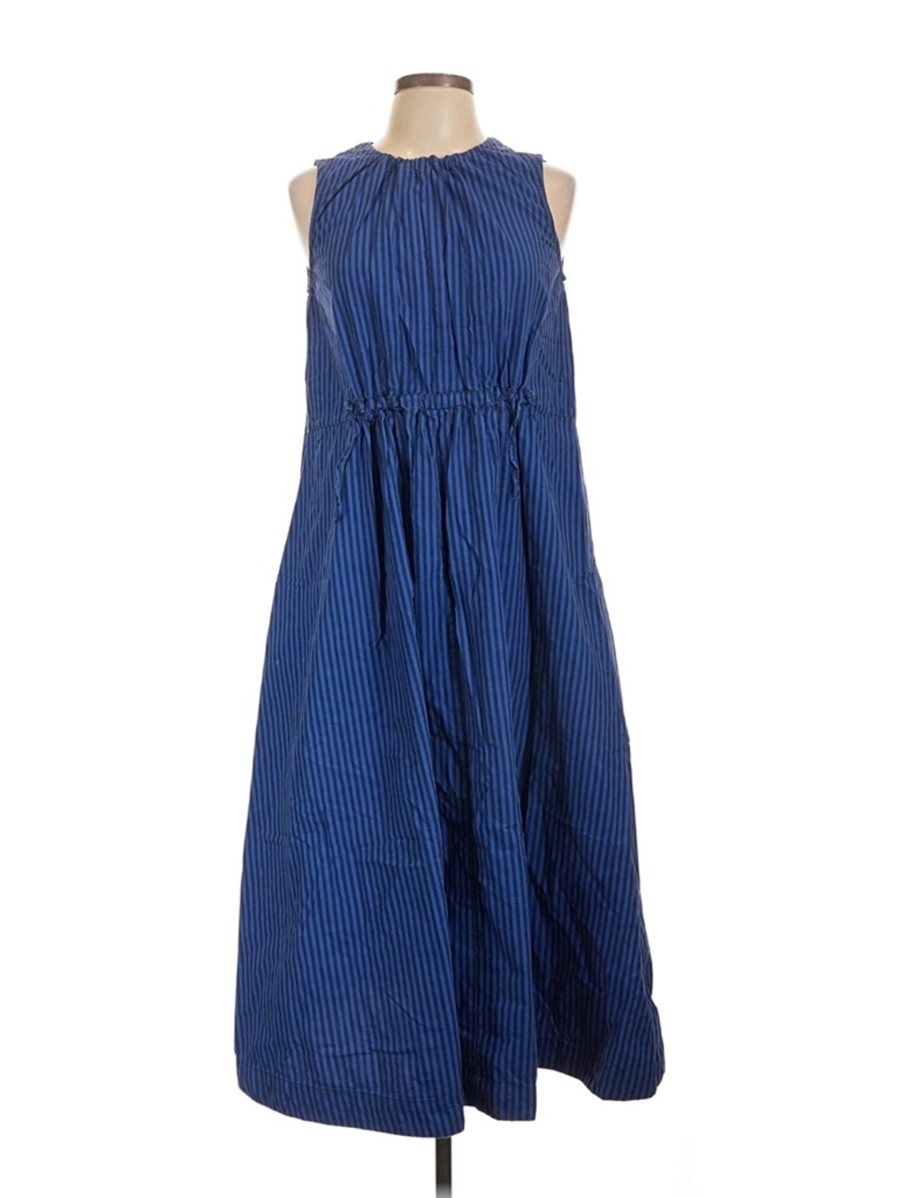 Sleeveless Navy Stripe Gathered-Waist Midi Dress